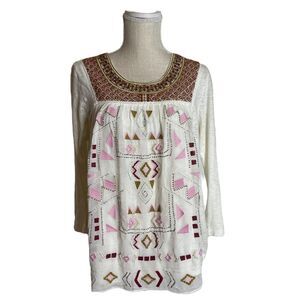 Anthropologie Akemi + Kin Veyo White Embroidered Long Sleeve Peasant Blouse